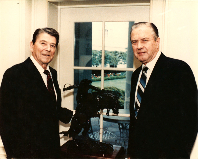 Ambassador Nesen and Ronald Reagan with the 'Bronco Buster'